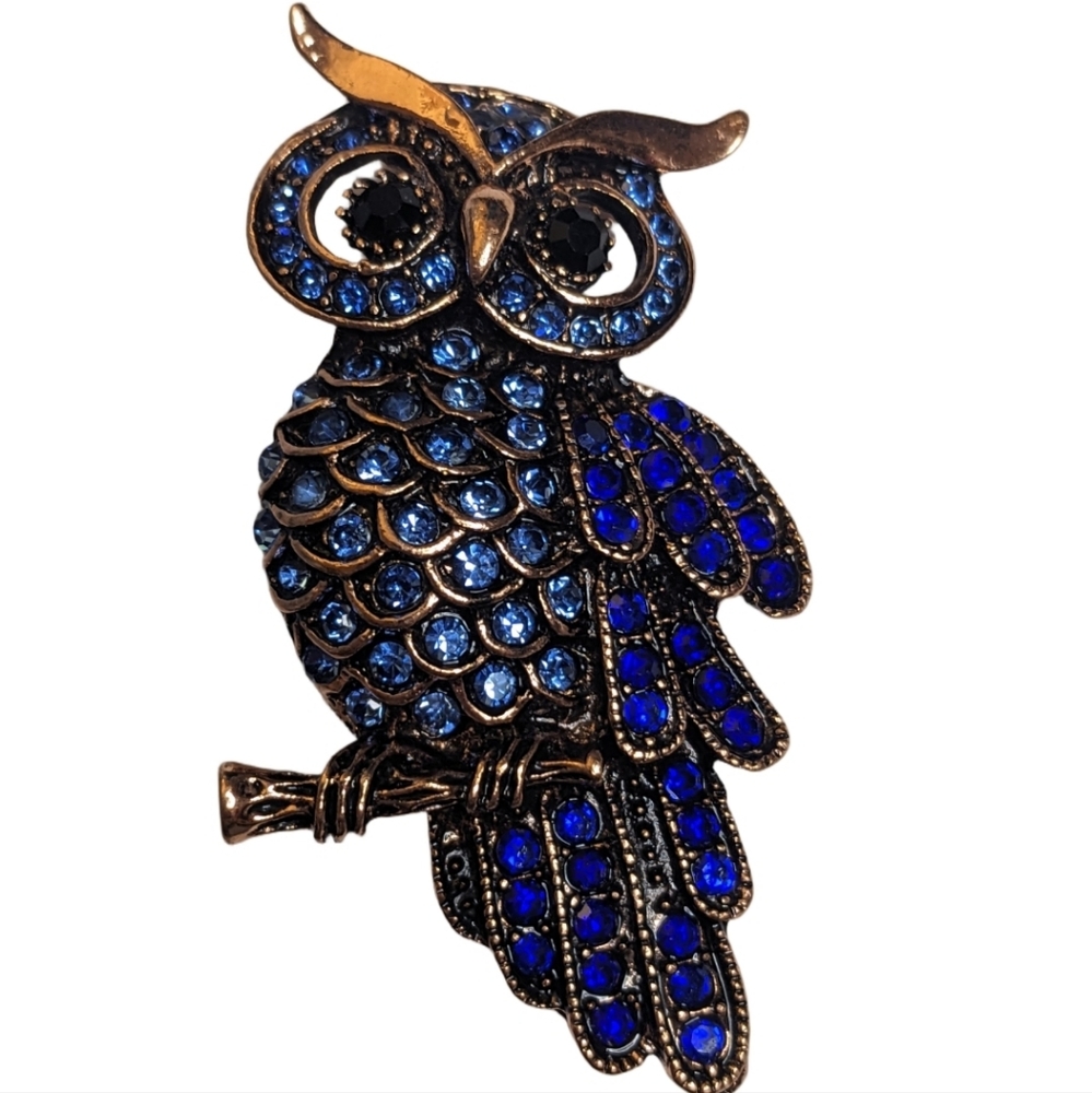 Vintage-Style Rose Gold Blue Rhinestone Owl Brooch‎ Pendant